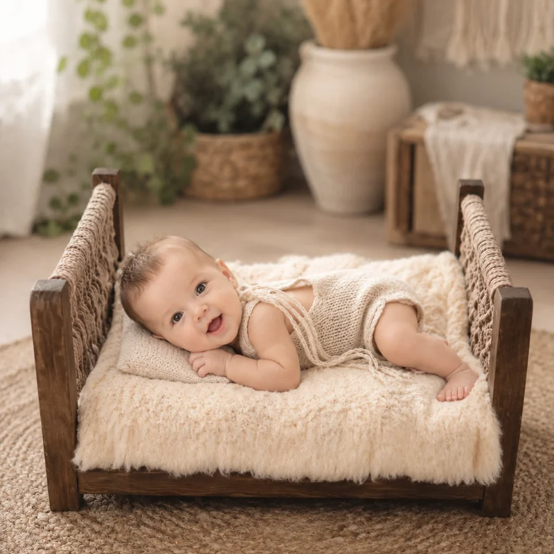 

Newborn Photography Props Mini Wooden Bed, Baby Photo Shoot Furniture, Boho Rope Woven Detachable Bed for Studio Shooting