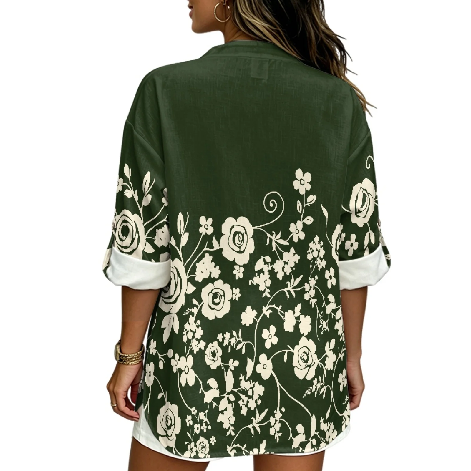 PENSTROLL Dark Green Floral Roll Up Design Casual Loose Fit Blouses for Women Linen Style Women's Long Sleeve Shirts V Neck Tops