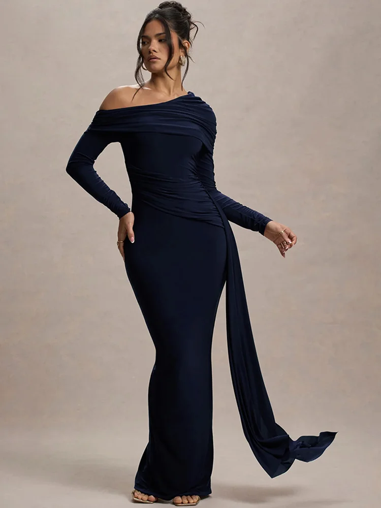 Vestido largo elegante fruncido con diseño de gato extraño para mujer, vestido ajustado con cuello oblicuo y hombros descubiertos, cinta larga de manga larga para fiesta de graduación de medianoche