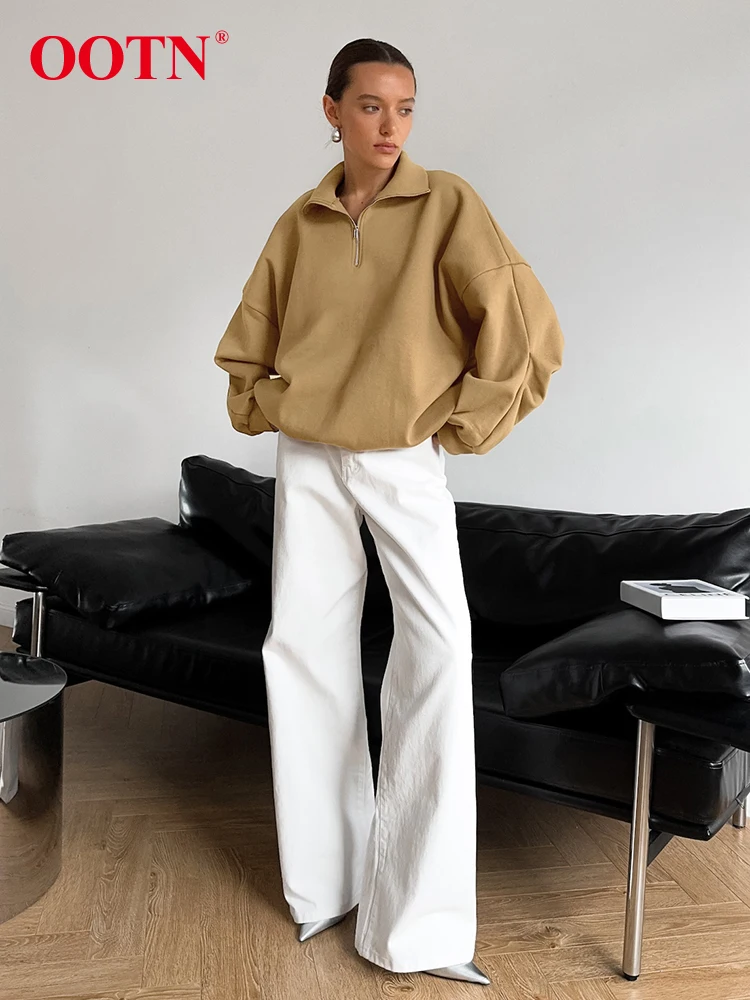 OOTN Khaki Elegant Zipper Pullover Tops Women Zip Autumn Winter 2024 Off-Shoulder Sleeve Solid Oversize Sweatshirts Lady Sporty