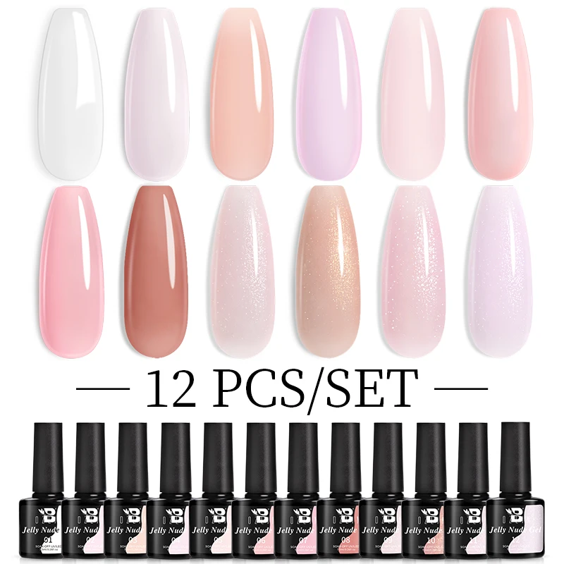 BOZLIN Jelly Nude Gel Nail Polish Kit 7.5ml Light Pink Peach Translucent Color UV Light Cure Gel Varnish Nail Art DIY at Home