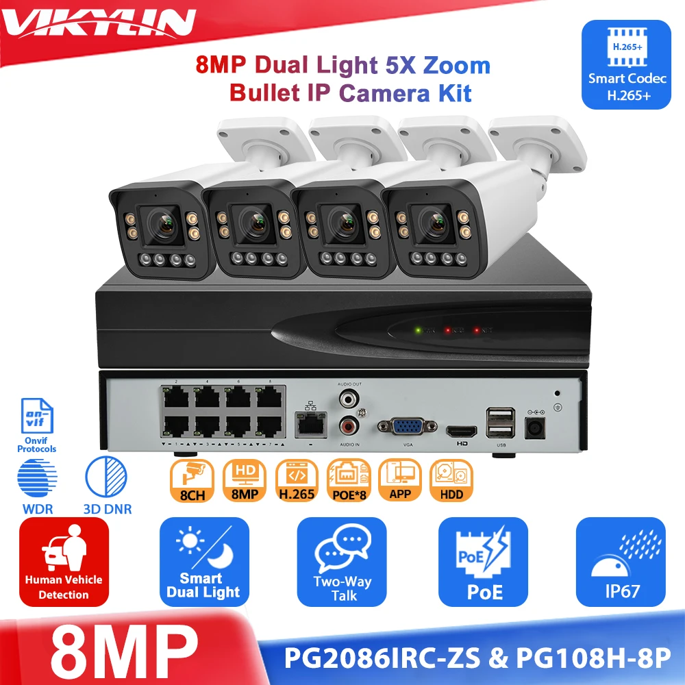 Vikylin 4K 8MP 5X Zoom Dual light Two Way talk IP Camera 8CH 8POE Network Video Recorder 8 PCS Home CCTV Security System NVR kit