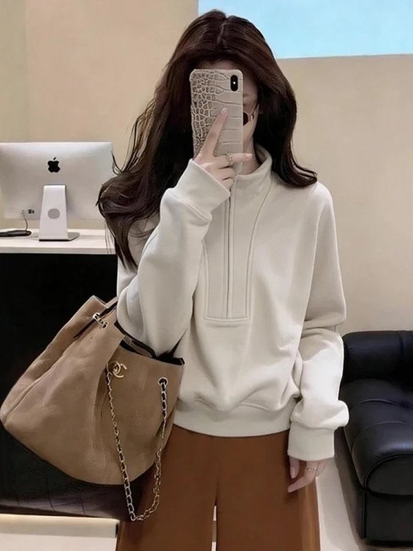 

Женская толстовка свободного кроя с длинными рукавами, на молнии, с воротником-стойкой, весенняя модная одежда больших размеров, модный женский топ, утягивающий фигуру