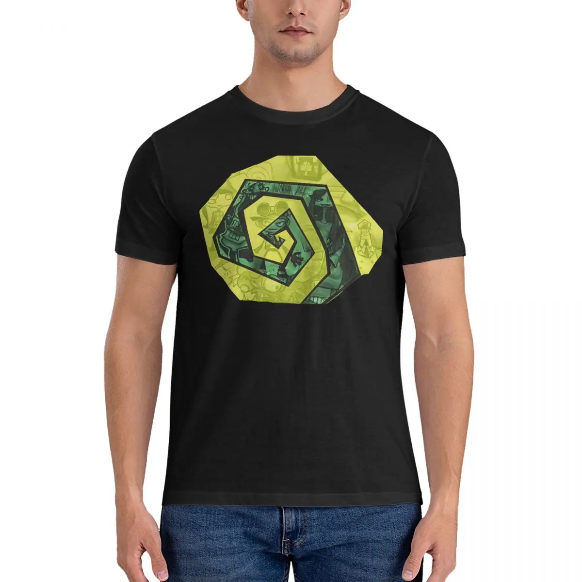 Men T-Shirt Green Fun Cotton Tees Short Sleeve Psychonauts T Shirts Crewneck Tops Printed