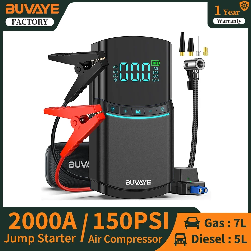 

BUVAYE Car Jump Starter Air Compressor With Power Bank 2000A Peak Portable 12V Battery Starter 150PSI Air Pump With LED Light