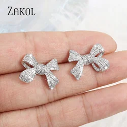 ZAKOL Exquisite Micro Paved Bow Stud Earrings For Women Fashion Zirconia Bridal Earring Engagement Wedding Party Jewelry EP5926