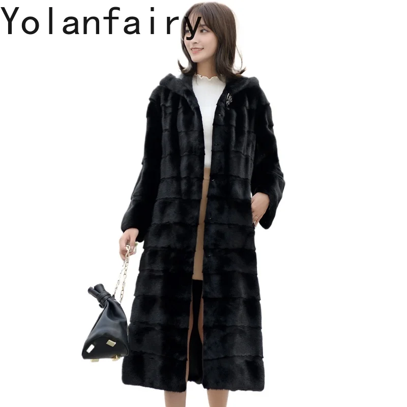 YOLANFAIRY Wysokiej Jakości Płaszcz z Futra Norki z Kapturem, Zimowy Płaszcz Średniej Długości z Prawdziwego Futra, Czarna Kurtka z Futra Norki, Casaco Feminino