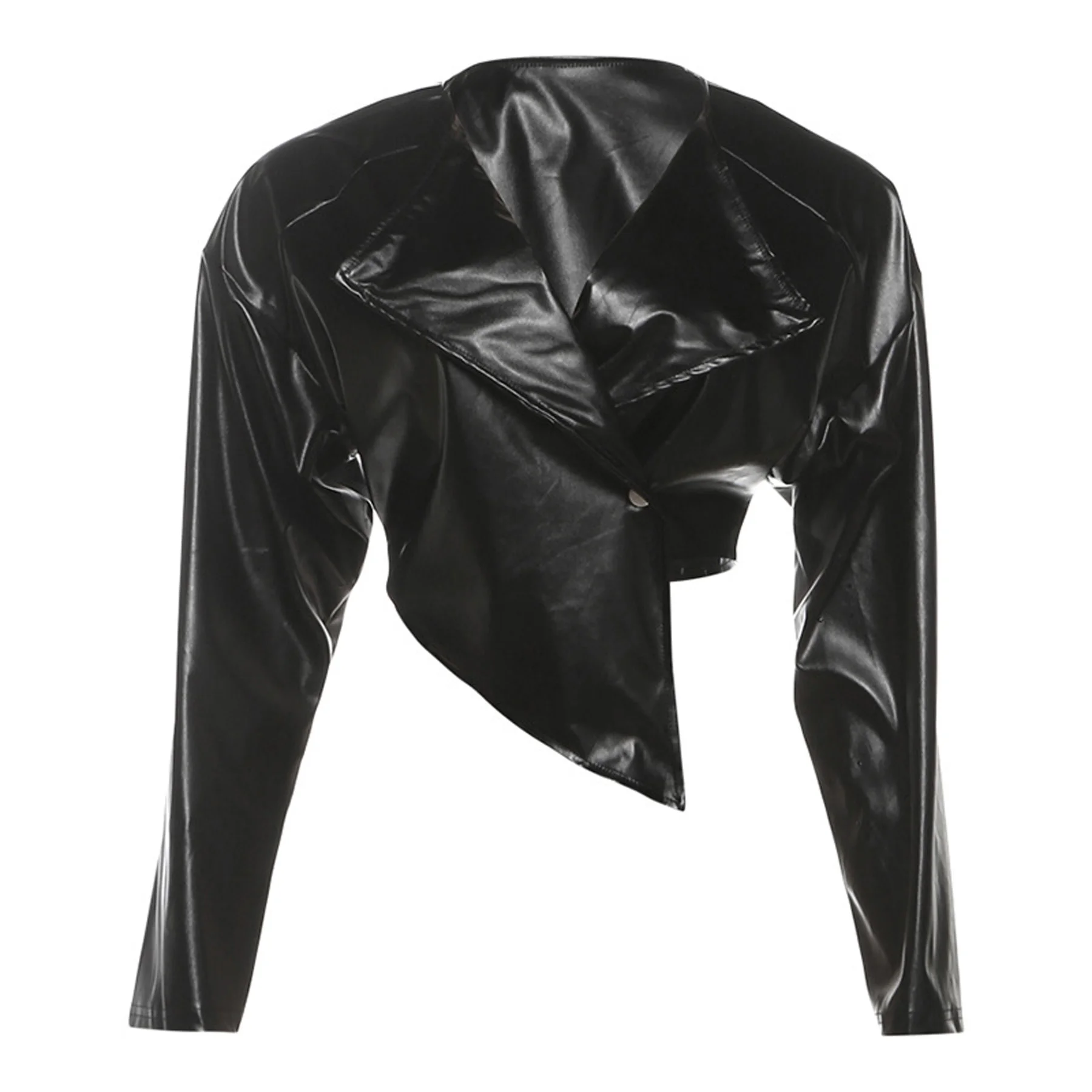 Women Faux Leather Crop Jacket Multi Color Single Button Cross Neck Full Sleeve High Street Wild Style Streetwear Coat