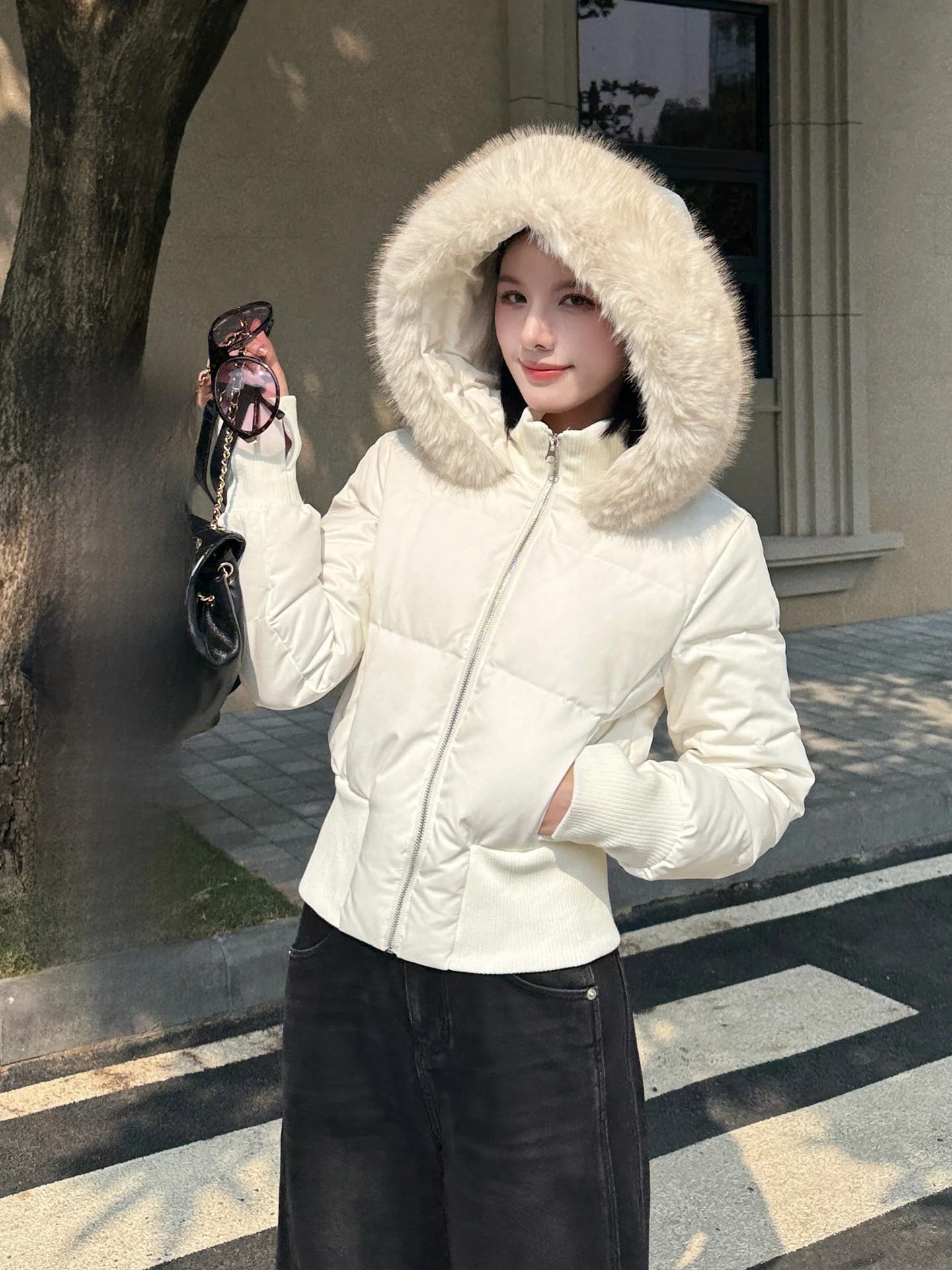 

Warmth Du down ort Coat Women's Detachable Fur Collar Hooded Jaet Korean Sle Simple Design Winter Outerwear Coat