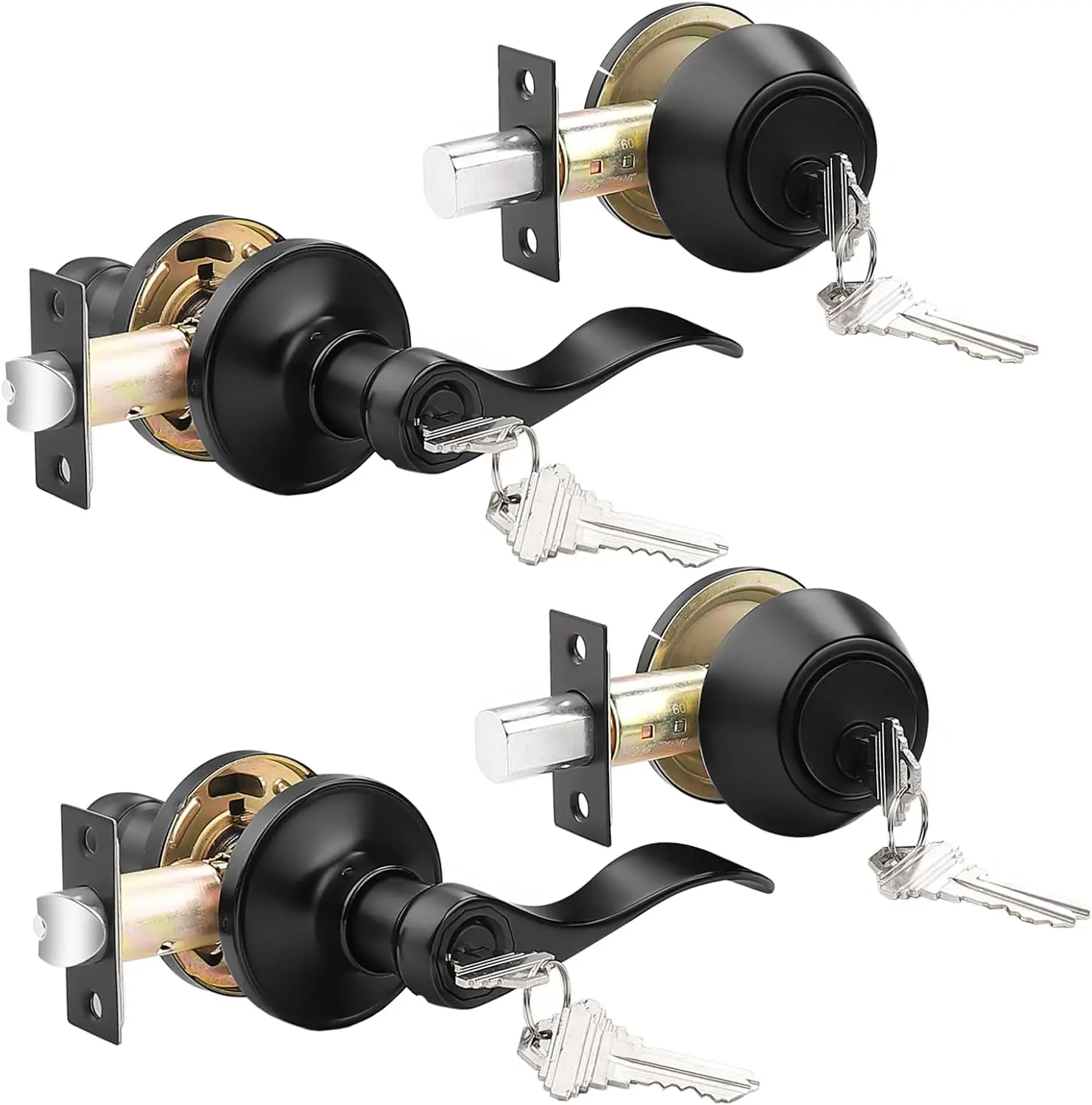 brico Front Door Handle And Single Cylinder Deadbolt Set, Black Exterior Door Handle With Deadbolt Lockset,Wave Reversible