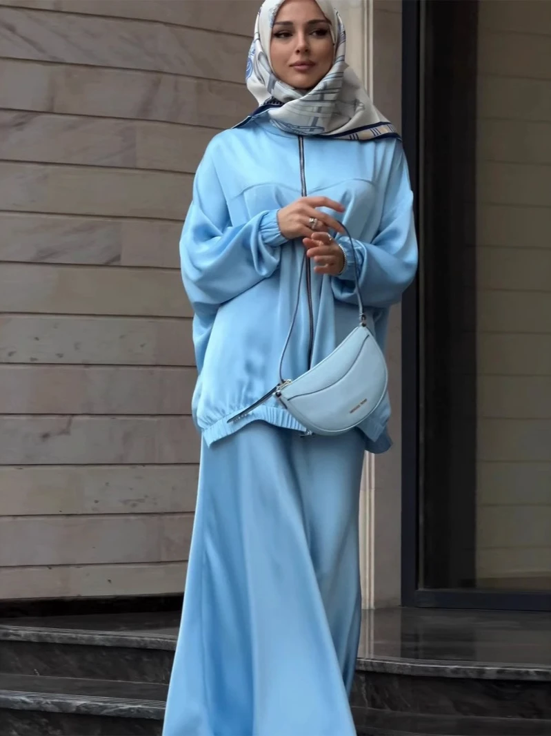 ชุดมุสลิมซาติน 2 ชิ้นชุดสตรี Abaya Musulman Ensembles อาหรับยาว Robe ดูไบ Kaftan Vestidos Jalabiya Ramadan Eid