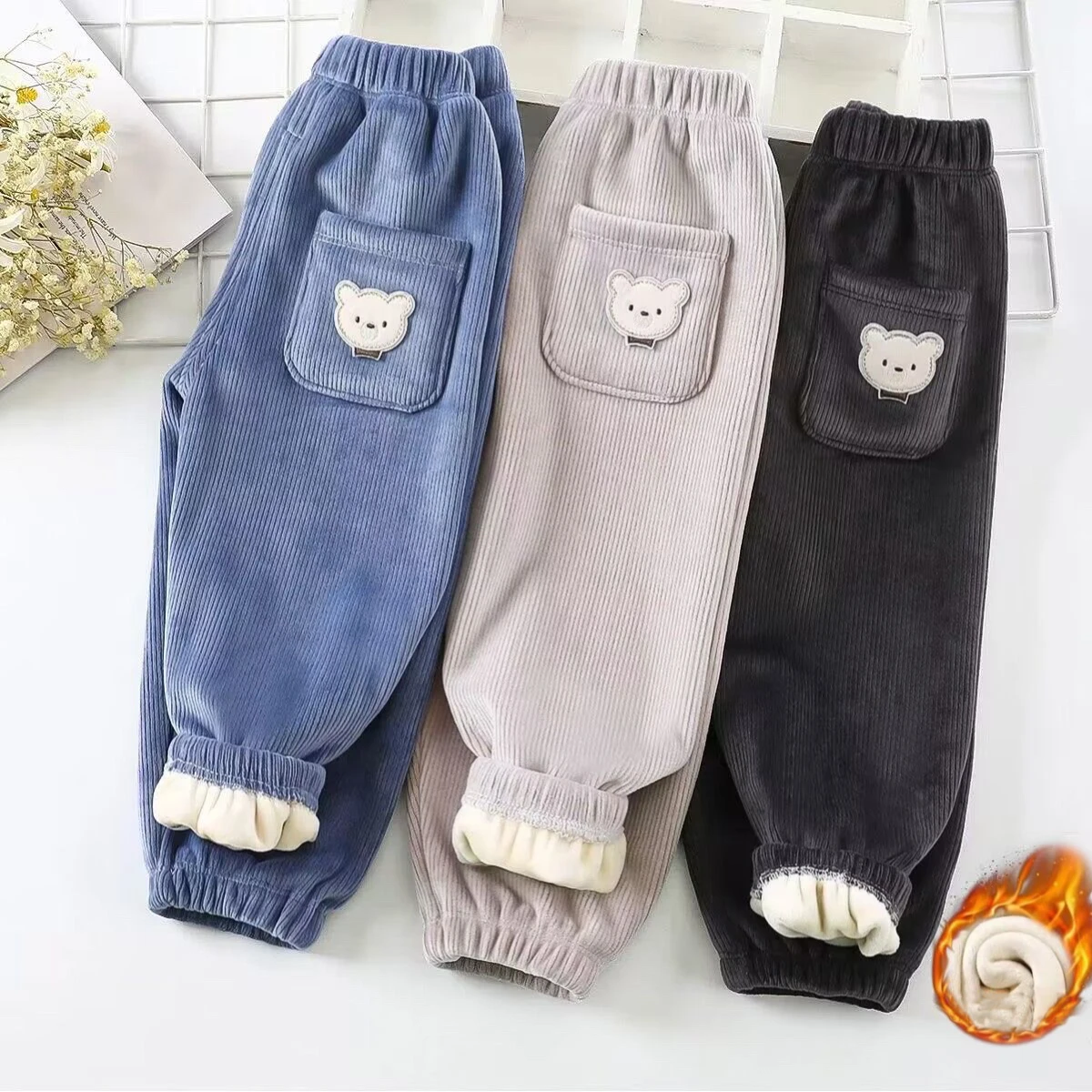 1pcs Boy Girl Winter Velvet Corduroy Kids Pants Little Bear Cartoon Mid Waist Warm Pantalones Baggy Thick Plush Children Trouser