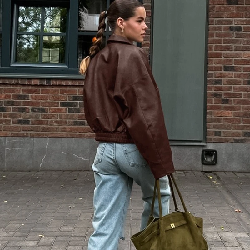 TARUXY Vintage Zipper PU Leather Jacket Women's Fashion Turn-Down Loose Long Sleeve Spliced Pocket Solid Coat Autumn Street Coat