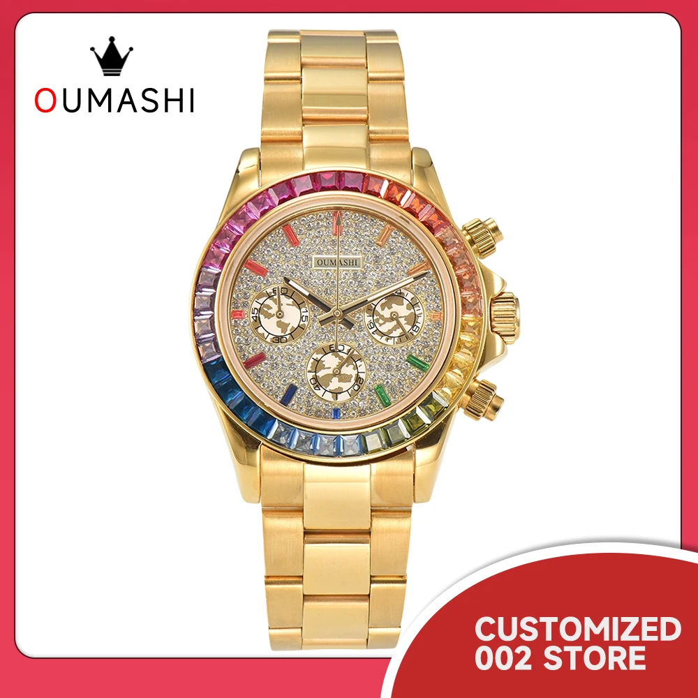 OUMASHI Man Watch VK63 Movement Watch Chronograph Quartz Watch Rainbow Bezel Stainless Steel Sapphire Glass Waterproof Watch ﻿