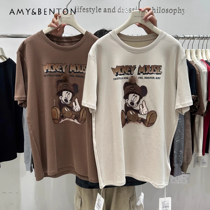 

Autumn New Cartoon Print Short Sleeved T-Shirt Women's Loose European Style Heavy Craft Age-Reducing Bottoming Shirt Top Tees