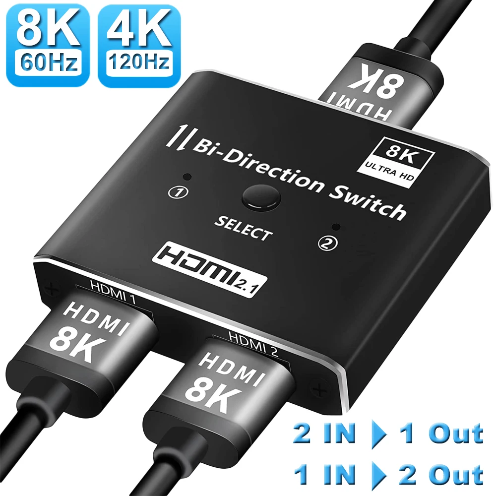 

Navceker 8K 60Hz Switch HDMI-compatible 2 Ports 4K 120Hz HD Bi-Direction Switcher 1x2 2x1 Switch HD Switch for PS5 PS4 TV Box