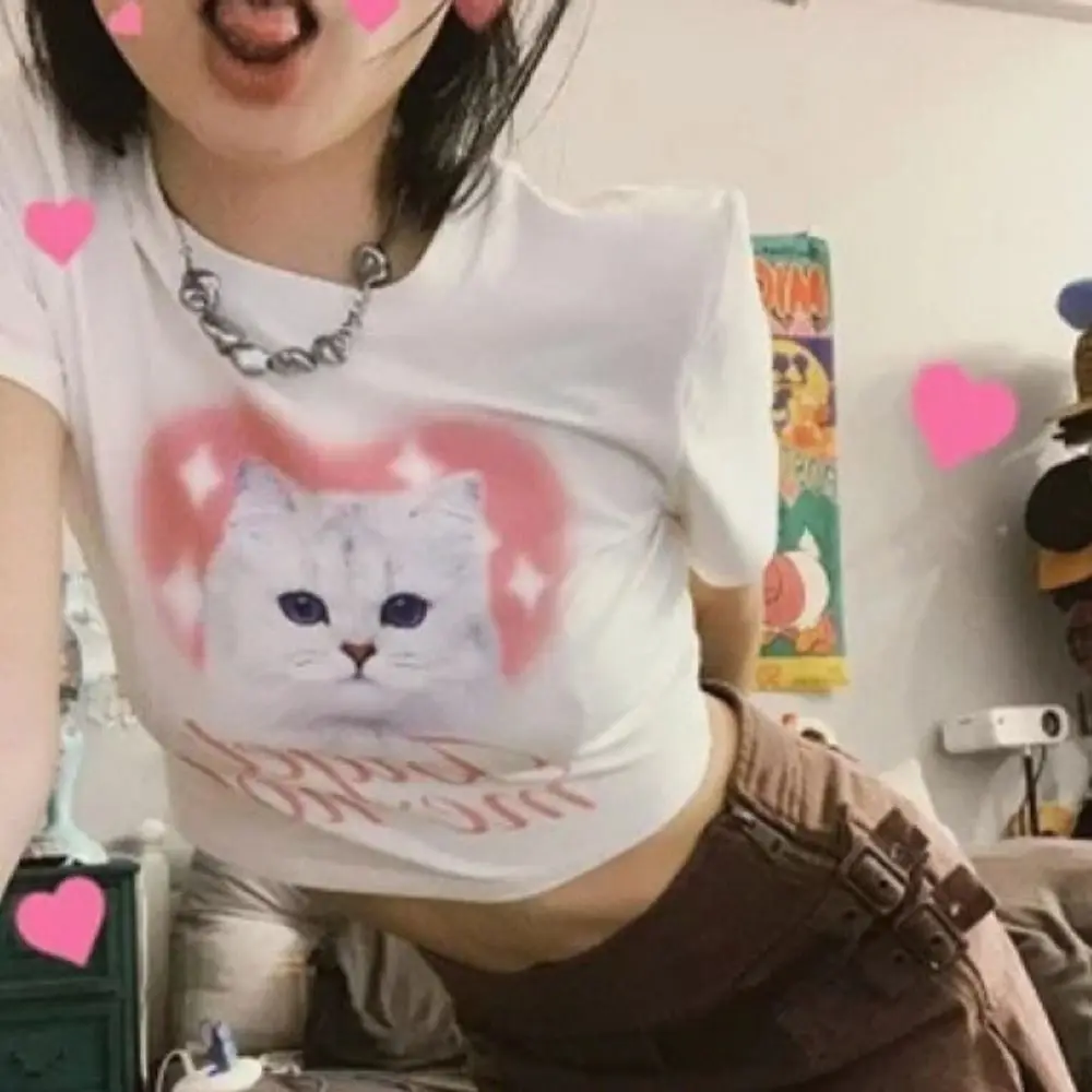 

Fashion White Retro Y2K Crop Tops Short Cotton Graphic Print Tank Top Cat Pattern Y2k Short T-shirt Lady