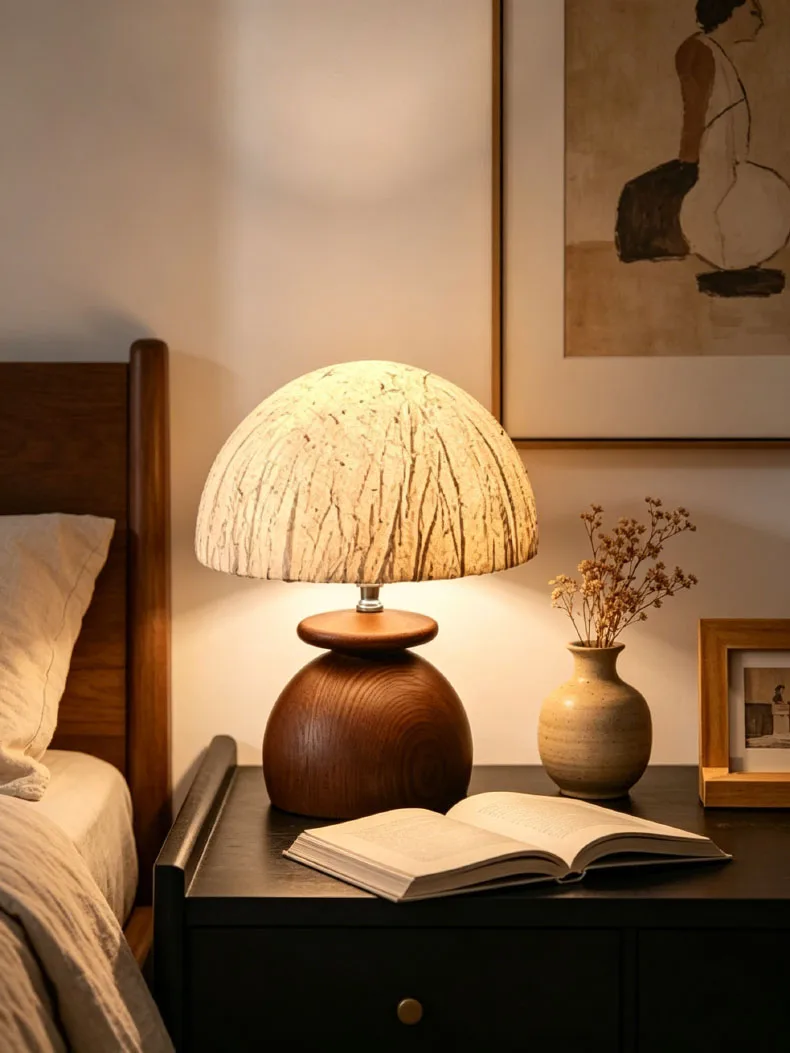 Paper Lampshade Table Lamp Brown Wood Base E27 Bulb For Roon