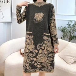 Autumn Winter Women Vintage Ethnic Style Flower Pockets Knitted Dresses Ladies Half High Collar Long Sleeve Loose Sweater Dress