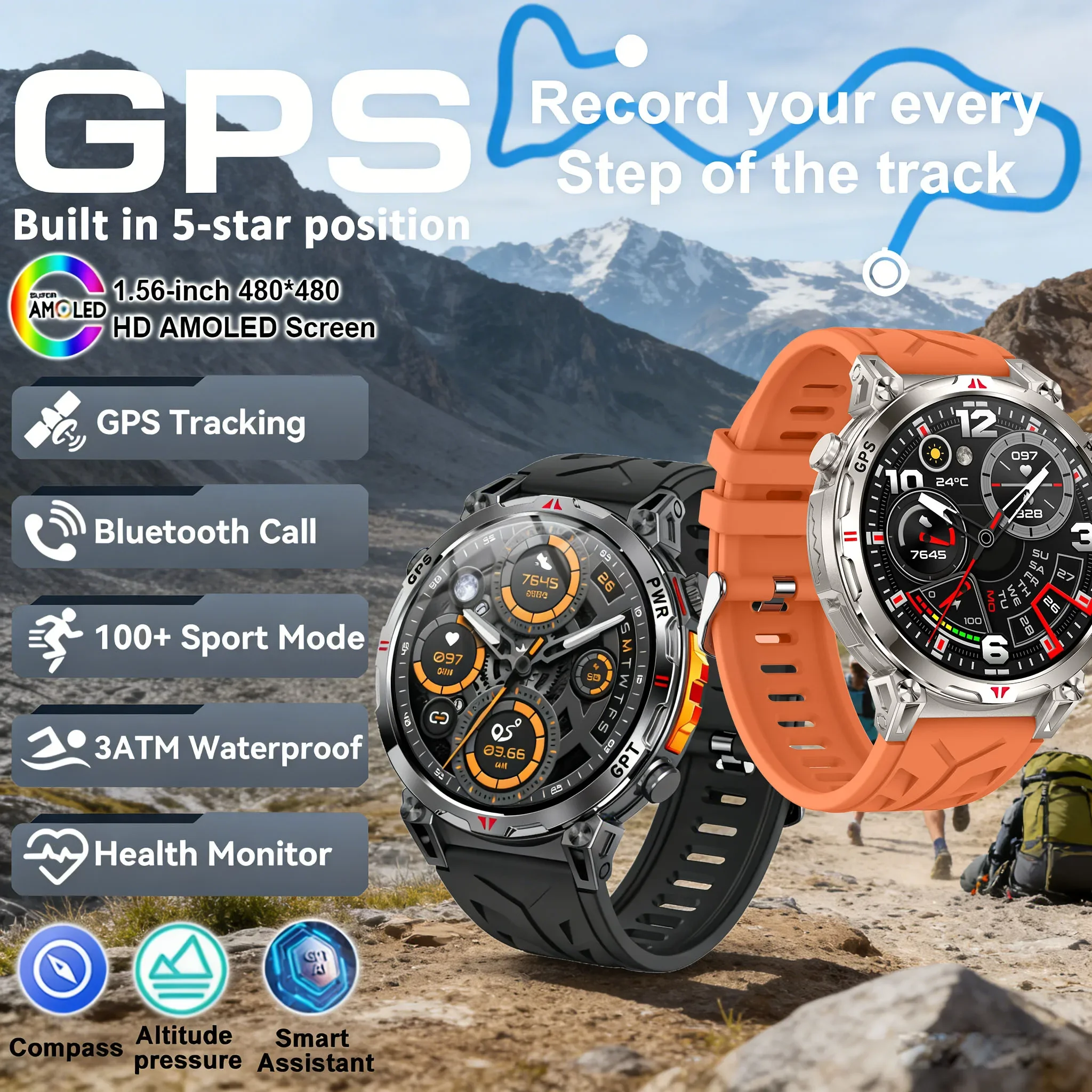 

2026 New Men's Outdoor GPS Sports Smartwatch with Compass 10ATM Waterproof 24/7 Health Monitoring Bluetooth Call Chat GPT Suppor