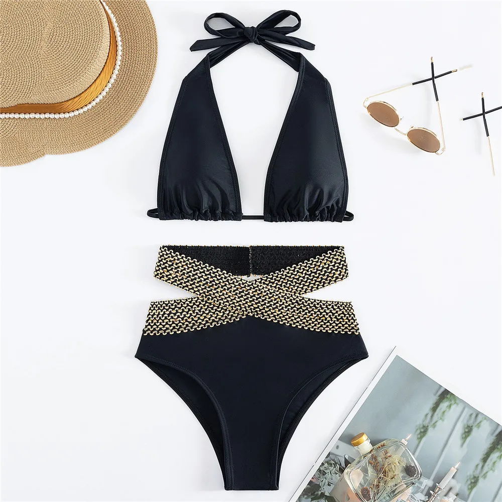 Black High Waisted Bikini Set String Halter Sexy Swimsuit Women 2024 Cross Bandage Swimwear Bathing Suit Push Up Bikinis Mujer