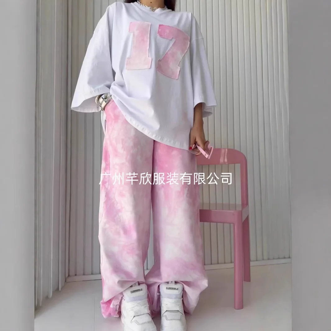 อเมริกันY2Kสาวร้อนหลวมแขนสั้นเสื้อยืดชุด 2025 ฤดูใบไม้ผลิและฤดูร้อนใหม่ผู้หญิงTie-Dyeชุดลําลองสบายๆ