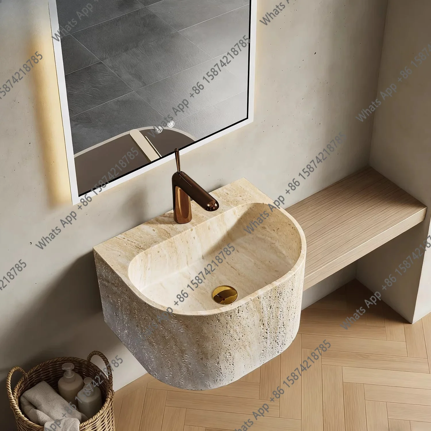 

E Wabi Sand Medieval Natural Travertine Wall-mounted Washbasin Advanced Designer Art Suspended Wall-mounted Washbasin