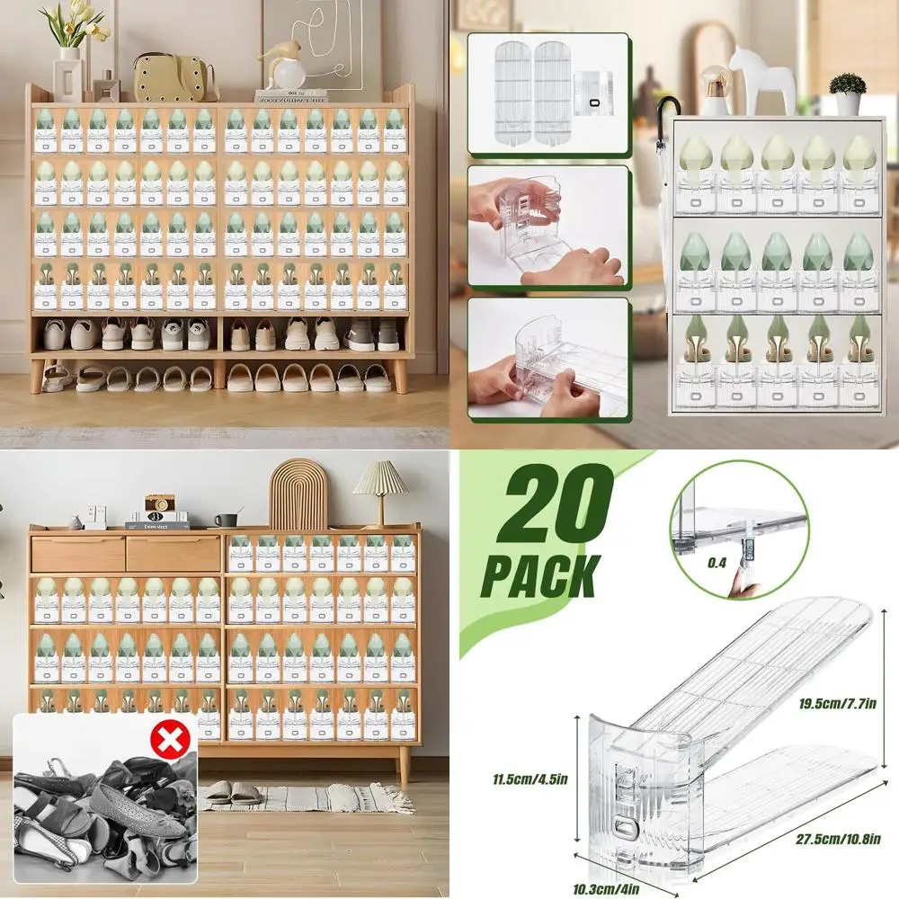 

20-Pack Clear Adjustable Shoe Organizers, Stackable Shoe Racks for Closet Space Saving (Transparent)