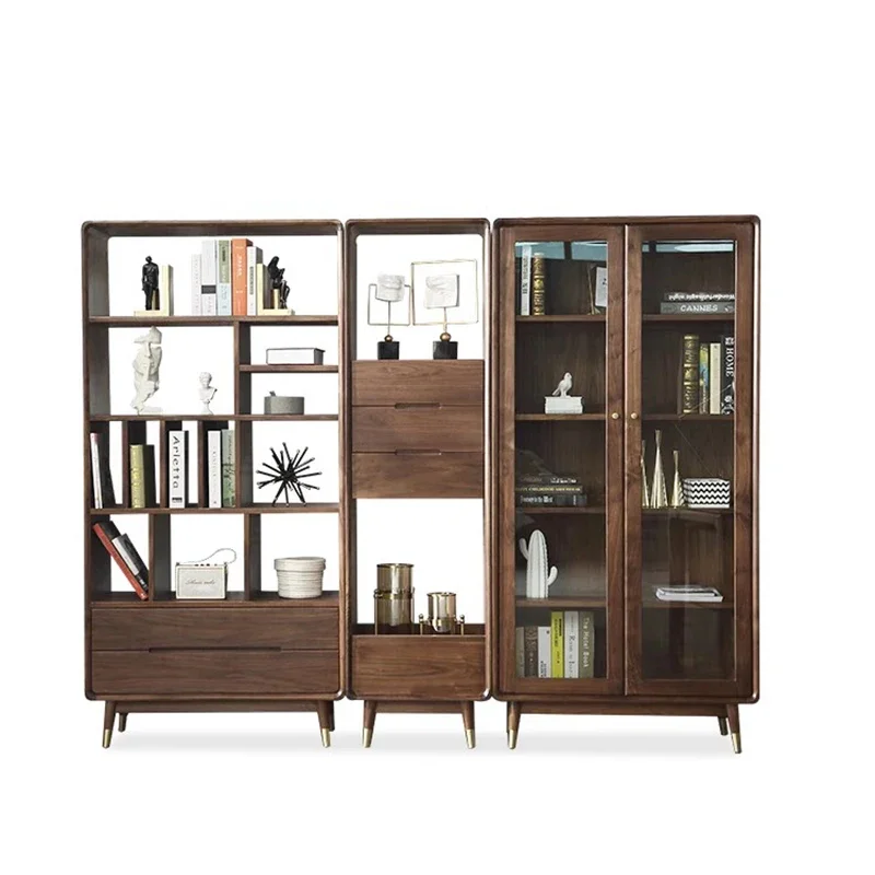 

Black Walnut Solid Wood Shelves Room Wall Glass Book Tower Storage Shelf Living Room Cabinets Desk Organizer Wooden Furniture AA