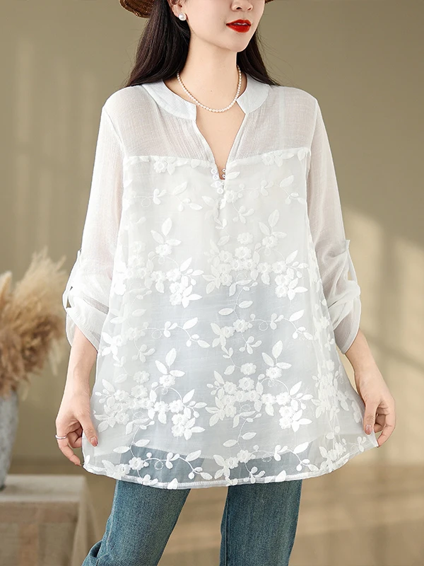 

Легкий дышащий повседневный топ с вышивкой Ogees, большой размер, женский летний топ больших размеров, длинный све V-Ne