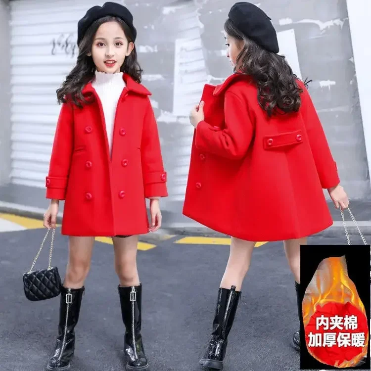 Girls Woolen Coat Jacket Cotton Outwear Windbreak 2024 Lapel Warm Plus Thicken Velvet Winter Autumn Party Children's Clothing