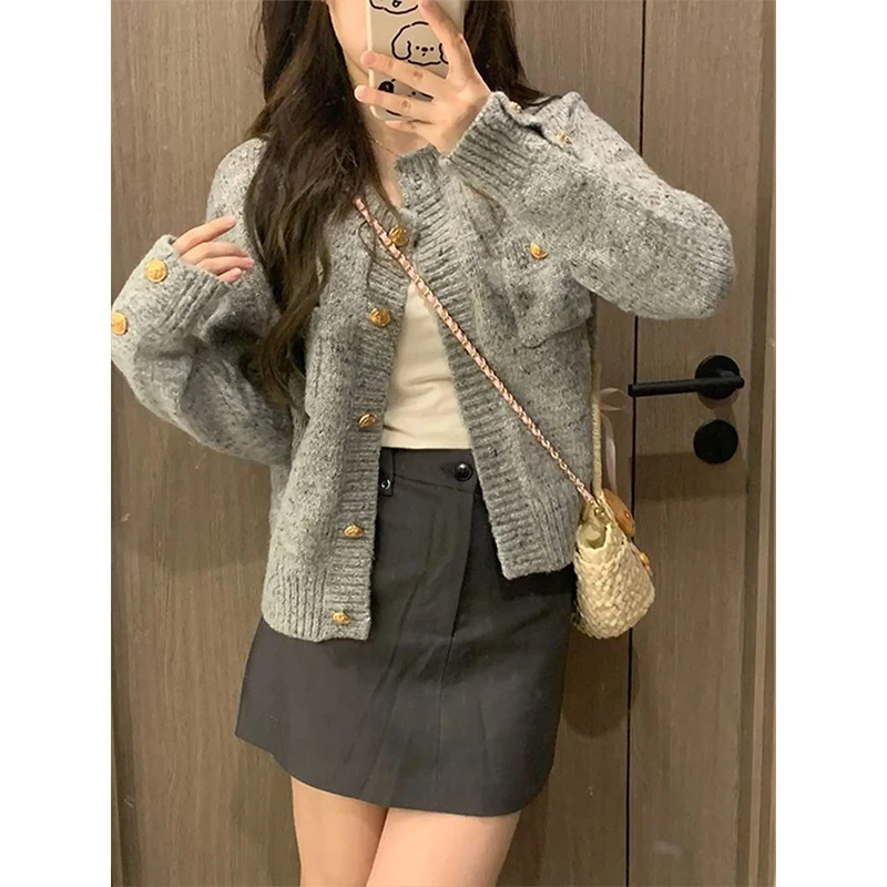 Grey Knitting Cardigan Coat Women Autumn Winter Loose O-neck Long Sleeve Sweater Casual All-match Office Lady Knitwear Tops