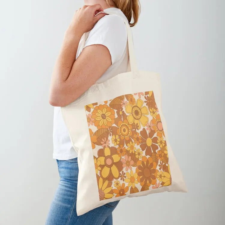 

70s Retro Wallpaper Anna- Cream Orange Yellow Brown Tote Bag Gift bags Fabric bag Women's bag reusable grocery bags