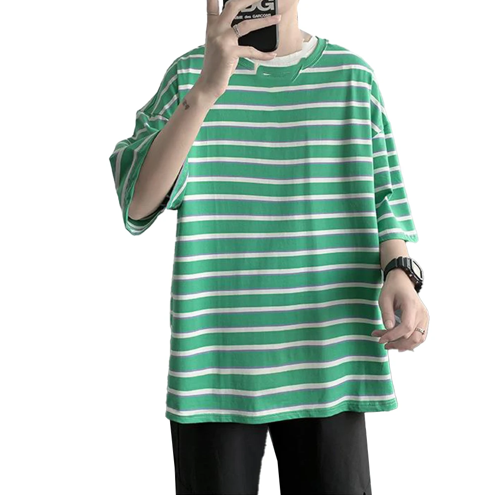 

Men's Loose Crew Neck Short Sleeve T-shirt - Striped Pullover Blouse, Breathable & Casual Sweatshirt Top For Daily Wear
