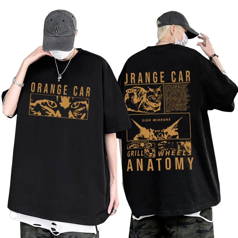 

Orange Cat Car Anatomy Double Sided Print T-shirt Men Women Fashion Funny Meme T Shirts Unisex Casual Oversized Cotton Tshirt