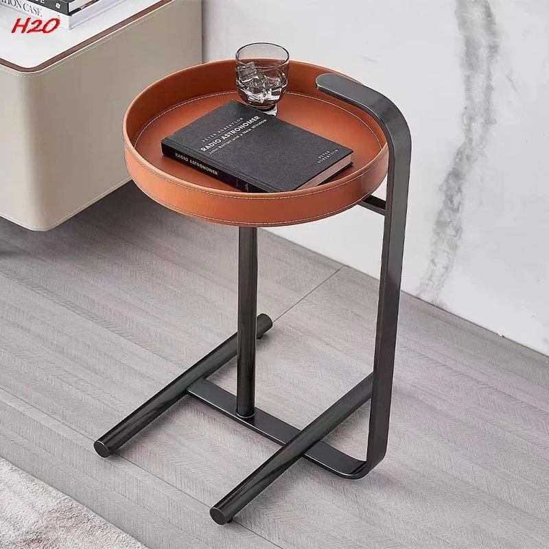 H2o House Light Luxury Saddle Leather Mobile Sofa Small Cart Tea Table Living Room Household Wheeled Corner Table Storage Rack