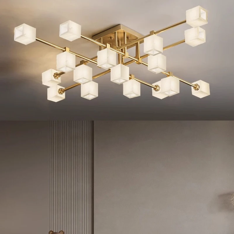 Postmodern Light Luxury Living Room Square Marble Ceiling Lamp Dining Room Apartment Hotel Classic Brass Ceiling Light