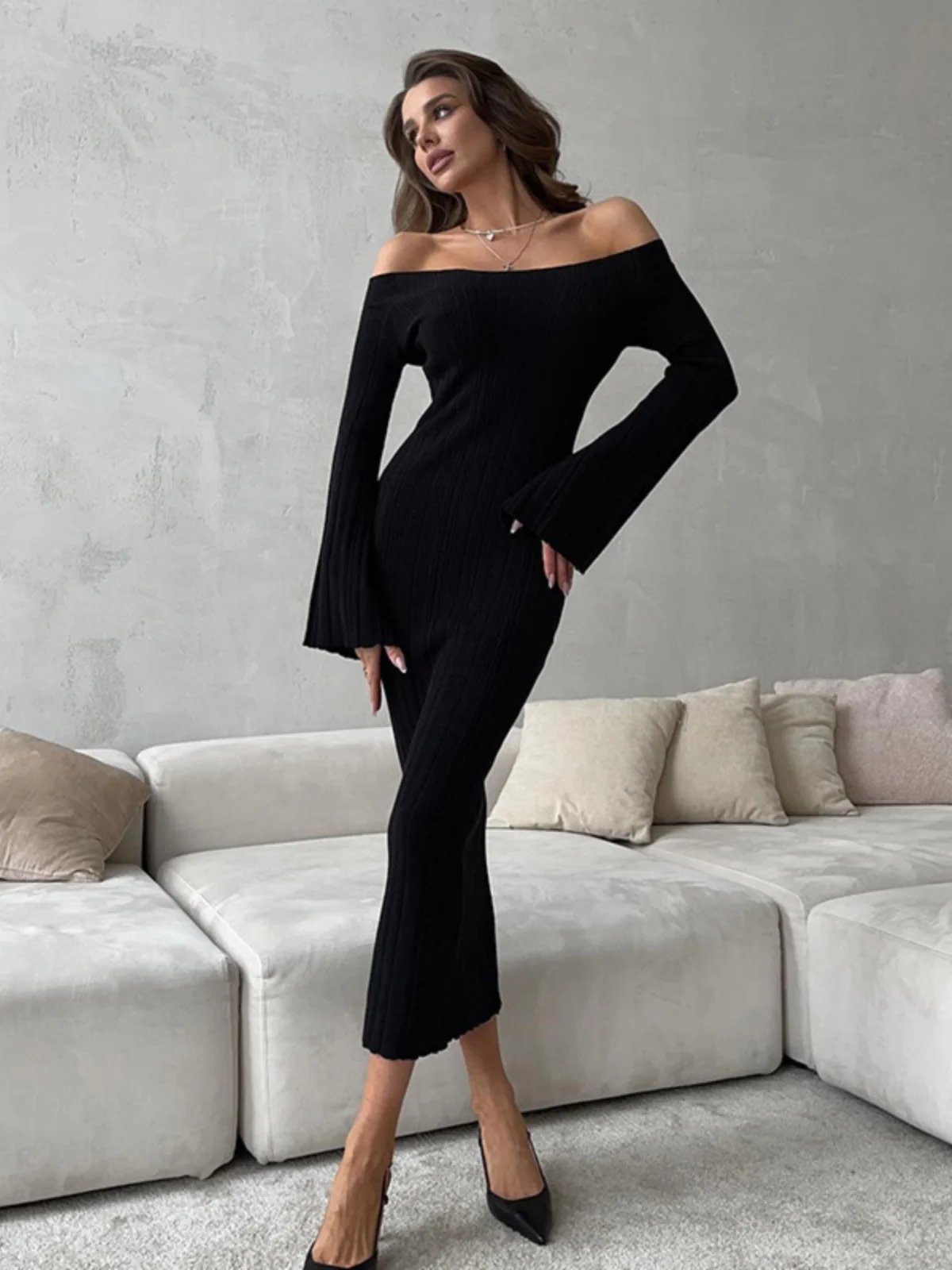 Slim Fit Long Sve One oulder Dr taille haute jupe trapèze tissu Polyester basique Sle saison d'automne pièce unique