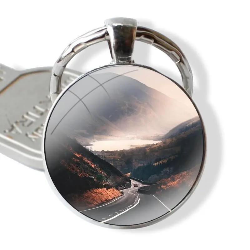 25mm Glass Cabohcon Keychain Key Rings for Women Men Jewelry Gift Route 66 Open Road Highway Driveway Art