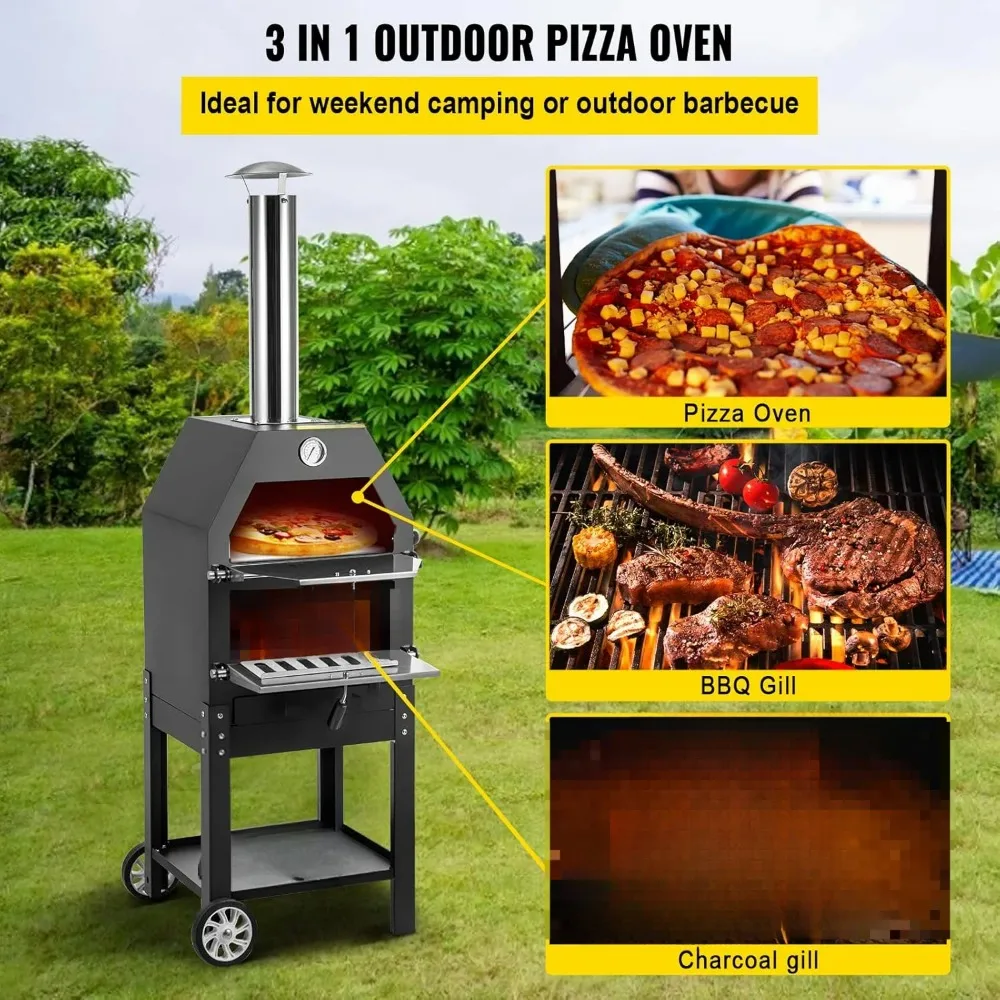 Outdoor Pizza Oven,Wood Burning Outdoor Pizza Oven with 2 Removable Wheels,   Fired Pizza Maker Ovens for Barbecue,Outdoor Ovens