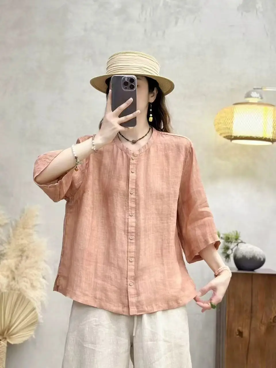 

Свободный крой из чистого льна, женский однотонный летний повседневный топ на пуговицах с воротником-стойкой Five Sve