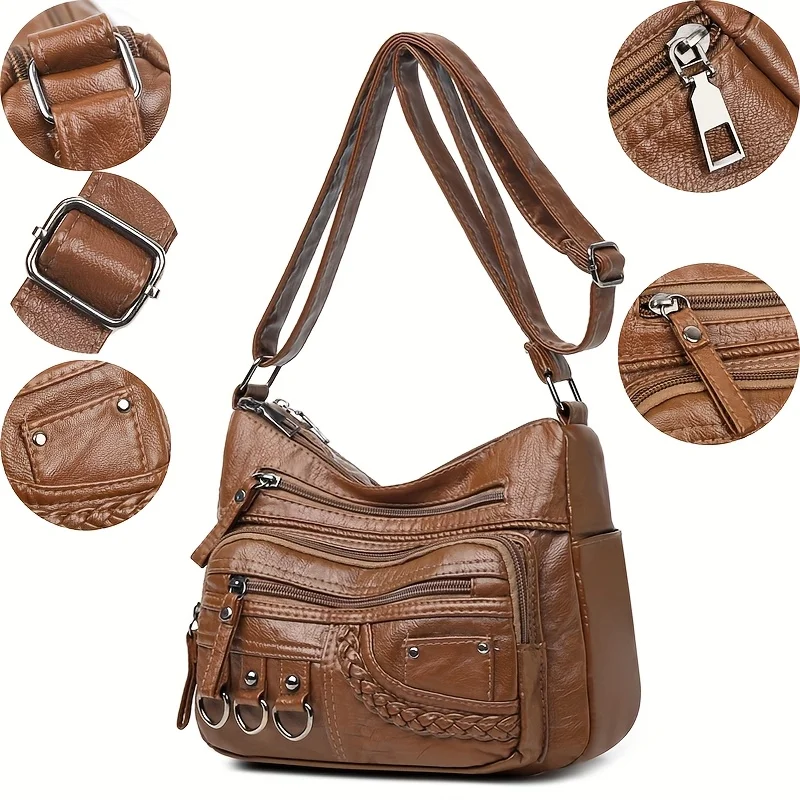 Women'S Large Capacity Shoulder Crossbody Bag, Multi Layer Zipper Pocket Synthetic Handbag Purse with Golden-Tone Hardware view 3