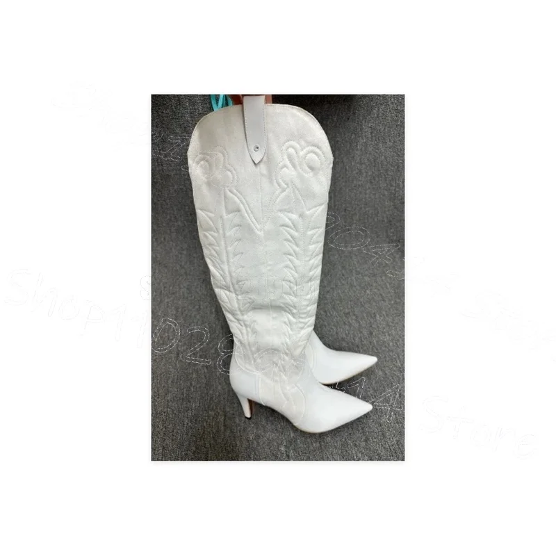 موضة أشار تو المرأة أحذية طويلة التطريز فوق الركبة أحذية عالية الكعب مثير أحذية ركوب الخيل أحذية طويلة أسود الدنيم الأزرق #3