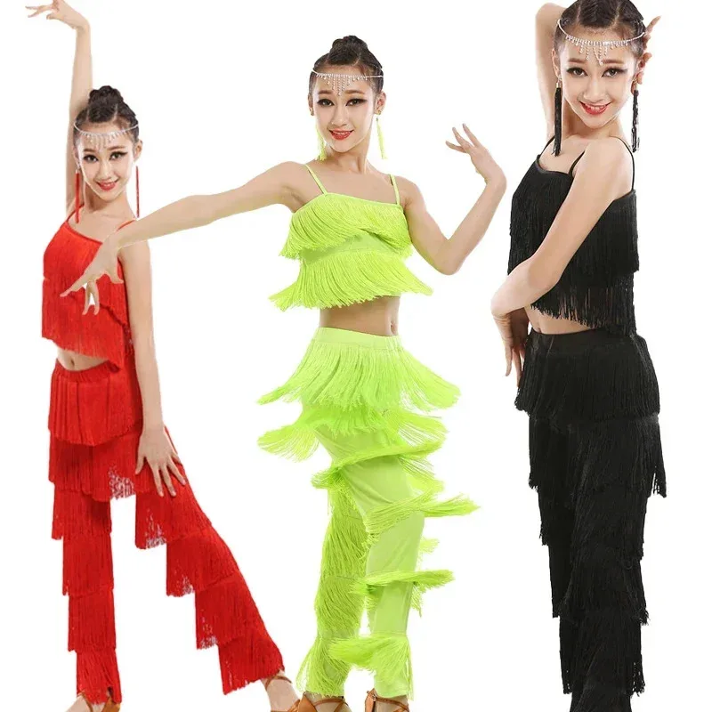 Gaun Dansa Latin CyTassel untuk Anak Perempuan Gaun Rok Ballroom Anak-anak Salsa Latin Samba Tango Cha Cha Kostum Pinggiran Beludru Anak-anak
