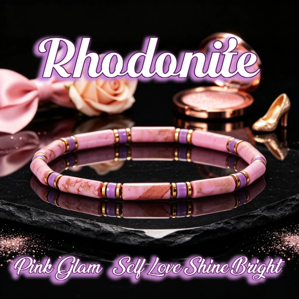 1pc Ladies' Natural Rose Pyroxene Tube Beads Paired with Purple Split Bead Elastic Bracelet, Sparkling and Bright Charm Bracelet