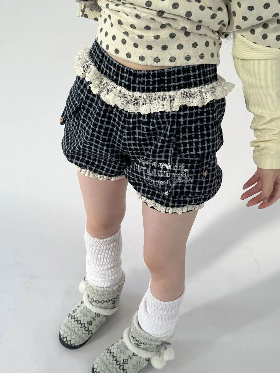 Girls High Waist Pumpkin Pants Lace Print Pocket Checked Shorts Tights