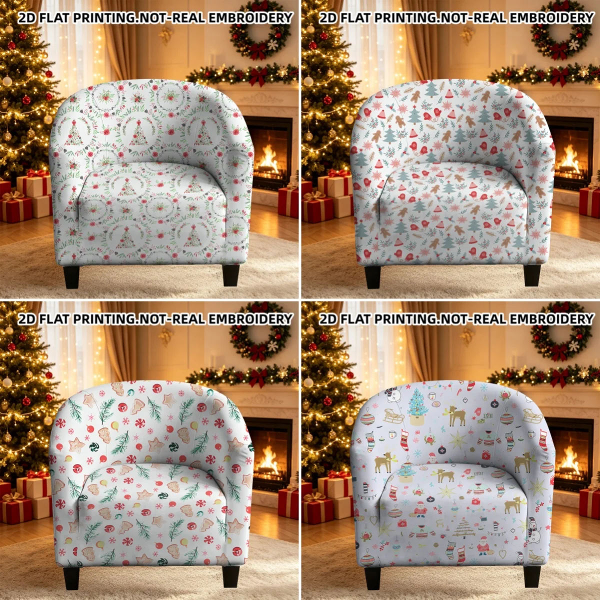 Seamless Cute Christmas Elements Candy Canes Gingerbread Printed Armrest Sofa Cover, 2D Printed Elastic Single Club Sofa Cover
