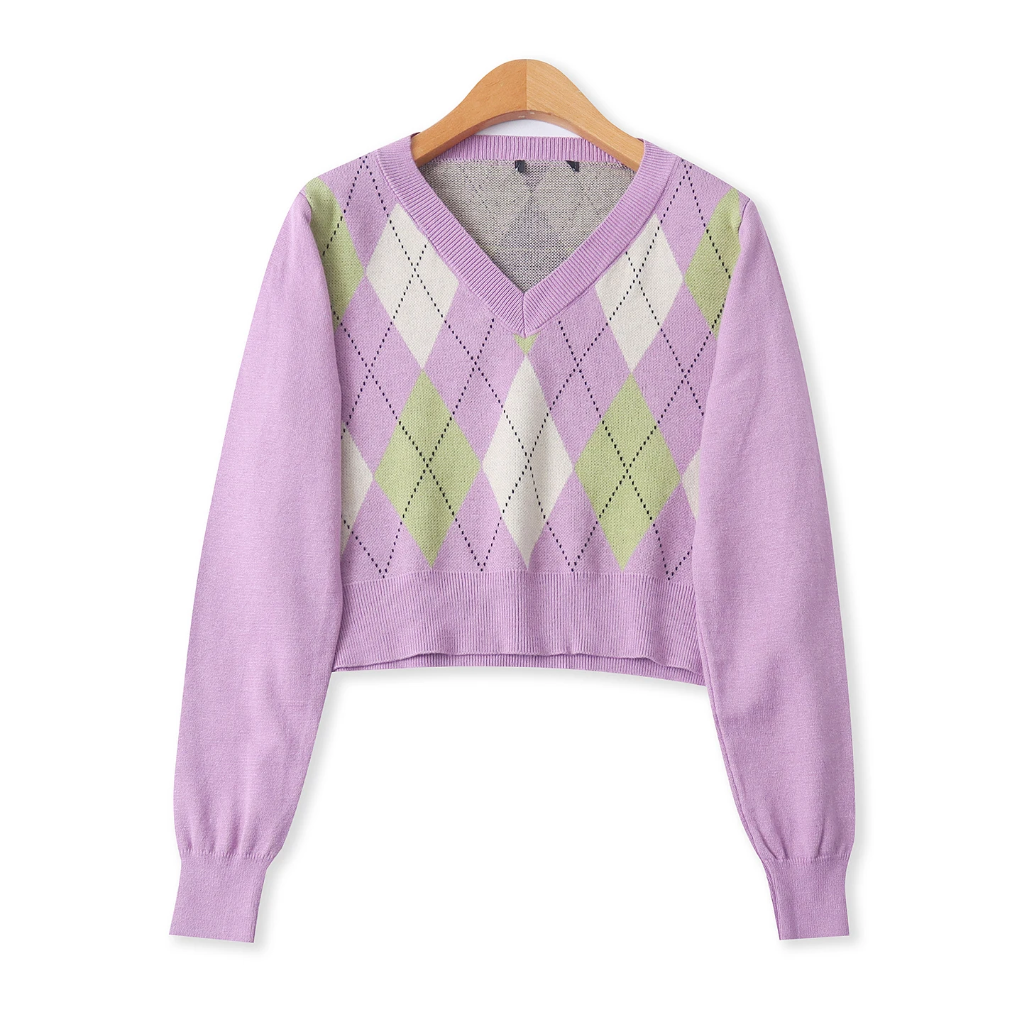 Suéter de Moda con Estampado de Diamantes, Manga Larga, Cuello en V, Estilo Dulce para Mujer, Primavera-Otoño, Tejido Hoado...