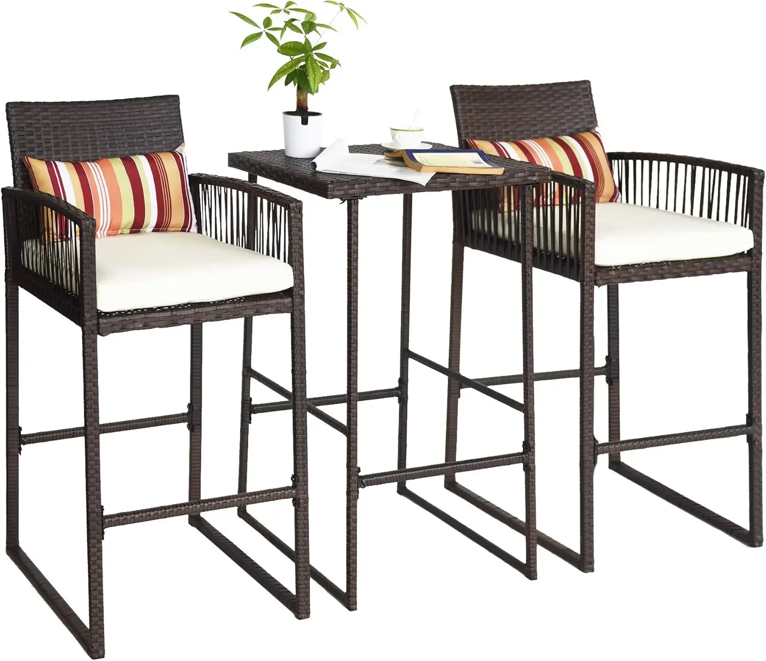 

Bar Height Bistro Table Set for 2 People, High Top Wicker Bar Stools and Table Outdoor Bar Set with Cushions