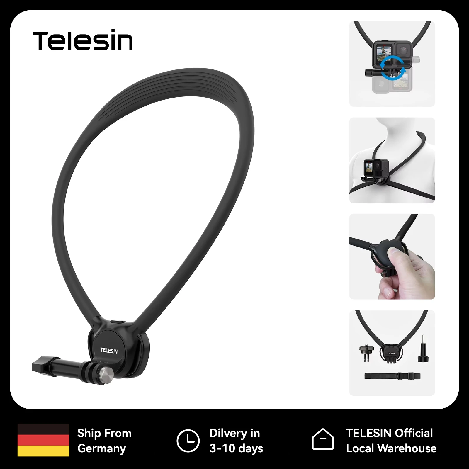 TELESIN Supporto da Collo SE 2.0 Fascia Toracica POV Vlog per GoPro Hero 13 12 11 10 9 Insta 360 X5 X4 Ace Osmo 360 Nano Action 6 5 Pro 4